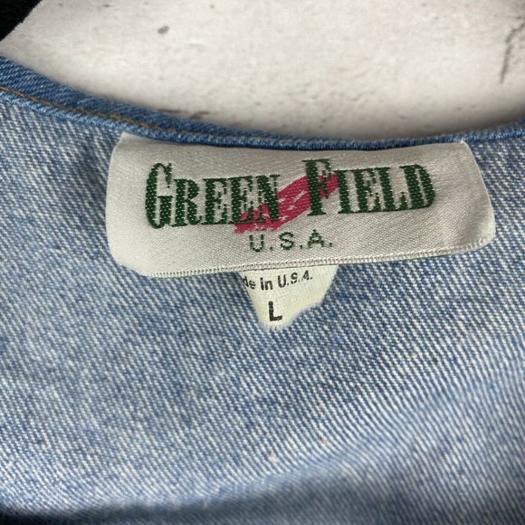 Green Field Denim Vest Black Fringe Rhinestones Metal Button Large Back Buckle - Picture 3 of 3